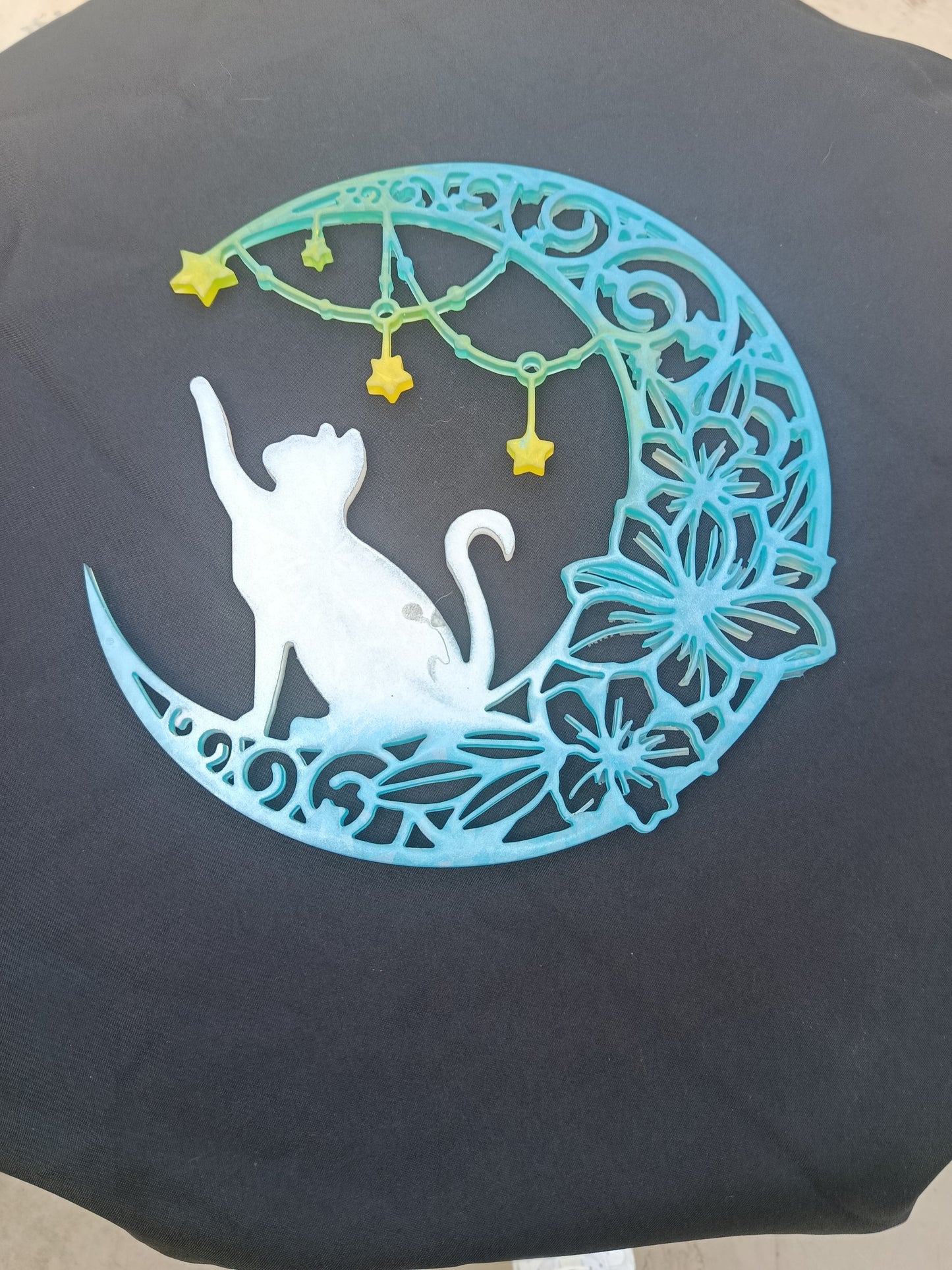 Lune avec chat agile touchant les étoiles holographique